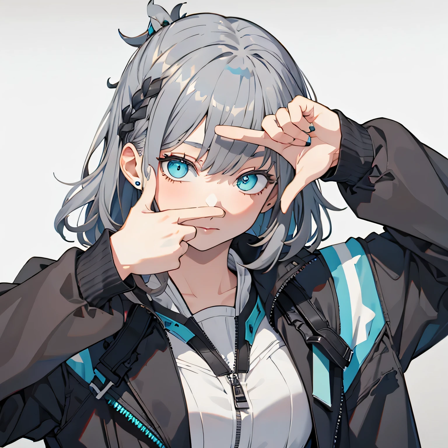 (Matthew Piece:1.2, best quality), One Girl, turquoise eyes , jet black hair, jacket,(gray and white background :1.7),finger frame,full body,big breasts,