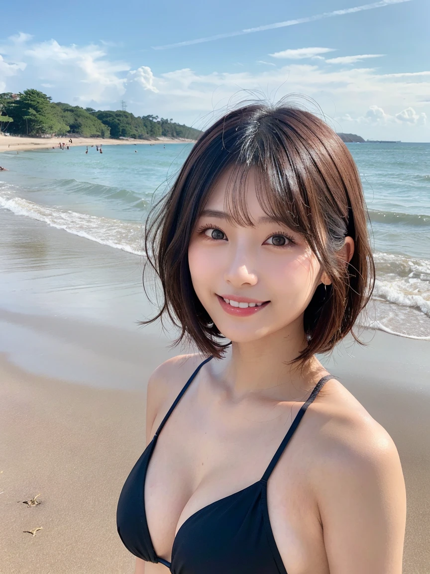 (kawaii 24 year-old Japanese girl, Nogizaka idol, Korean idol), (glossy black hair, medium bob, bangs:1.3), (even and symmetric hair design), (deep black eyes, rounded face, single eyelid, no makeup, soft smiling:1.2), (wearing bikini swimwear:1.3), (extra small breasts:0.9), (looking at camera:1.2), BREAK, (beach side background, summer daytime:1.3), (dynamic angle, bust shot:1.3), BREAK, (masterpiece, best quality, photo realistic, official art:1.4), (UHD, 8K quality wallpaper, high resolution, raw photo, golden ratio:1.3), (shiny skin), professional lighting, physically based rendering, award winning, (highly detailed skin, extremely detailed face and eyes), Carl Zeiss 85 mm F/1.4, depth of field, 1girl, solo,