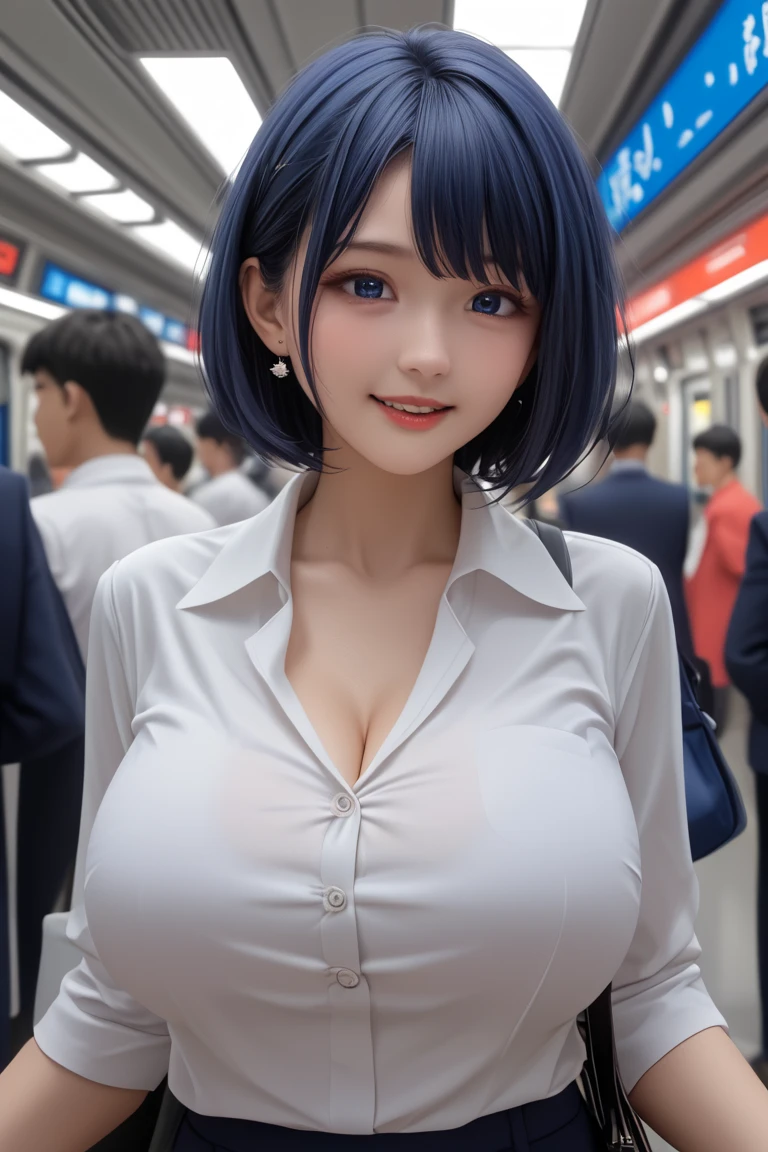 Mastepiece, Best Quality, (Highest quality、8k、masterpiece:1.3)、Ultra-high resolution、Physically Based Rendering、(Photorealistic：1.37)、Beautiful woman with perfect body:1.4、Slim abdomen:1.2、Highly detailed face and skin texture、 Red Cheeks、White skin、Narrow waist,Thin legs、Highest quality,Very beautiful woman, (cute:1.2),Perfect Glowing Skin,(Short Bob Hair),((Upper body nude))、((Lower body nude))、((doctor))、(((lab coat)))、(((hold a chart in hand)))、(((Walking through the city at night with a smile)))