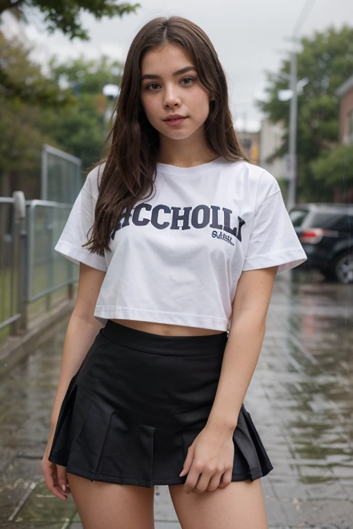 Realistic blonde girl crop school outfit smirk posing