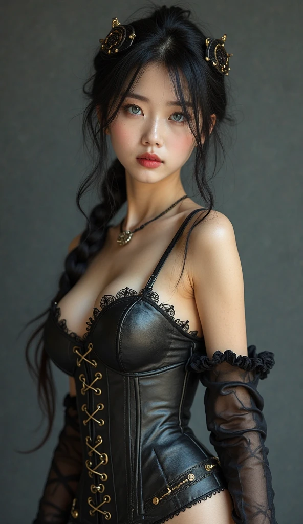 (Best Quality, Masterpiece: 1.1), (Fidelity: 1.4), 1 Girl, Upper Body, Brown Hair, Studio, BDSM, slave, Black Corset, Bondage, Slave Chain, Slave Collar, Slave, Panties, Woman Tied with Rope, Blindfold, Handcuffs, Bondage, BDSM, Bound, Cage, Jail, Woman Wrapped in Rope, Woman Captured, Tight