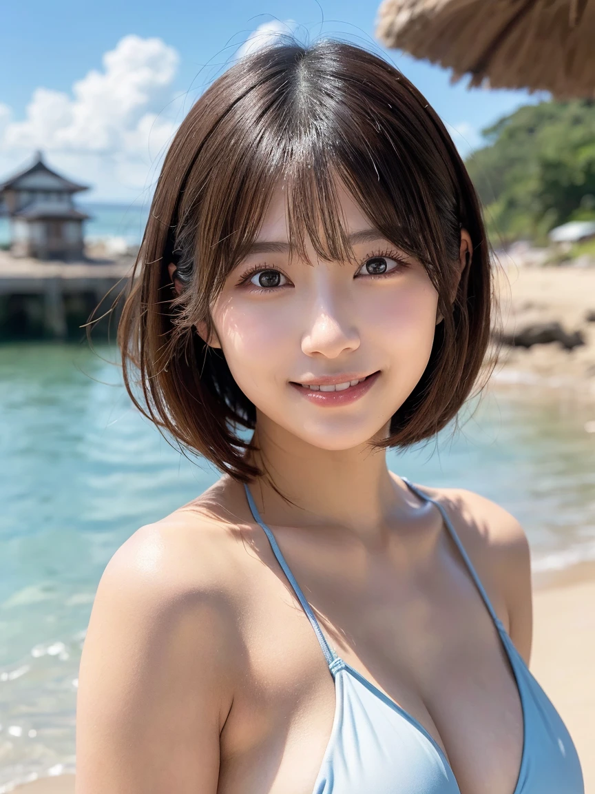 (red polka dot bikini, beach:1.3), (natural lighting:1.3), 8k, RAW photo, best quality, masterpiece, realistic, photo-realistic, clear, beautiful face, no makeup, best quality, ultra high res, BREAK, Japanese cute girl, 14 years old, (short cut hair:1.2), smile, standing, BREAK, (black eyes, black hair:1.2)