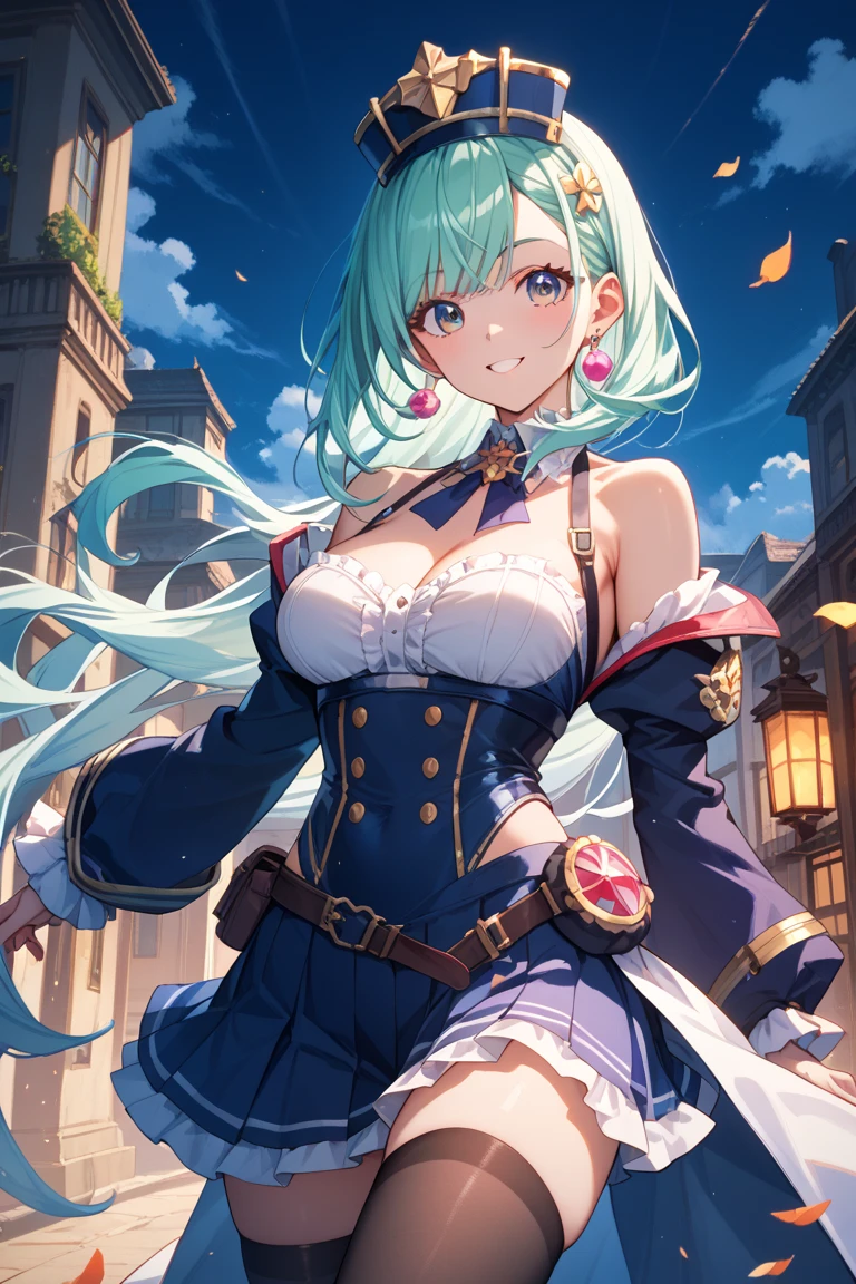 Fantasy,((Masterpiece)),((high resolution)),((Best Quality)),Anime illustration,((1girl)),(wavy hair),(short hair),(pale blue hair color),small ponytail,headband,Big, round, blue eyes,Droopy eyes,15 years old,baby face and big breasts,(big breasts),Short stature,,ice wizard,sleeveless white blouse,Blue mini skirt,slit,Brown corset,brown capelet,smile,,Brown long boots,wizard's wand with blue gem,