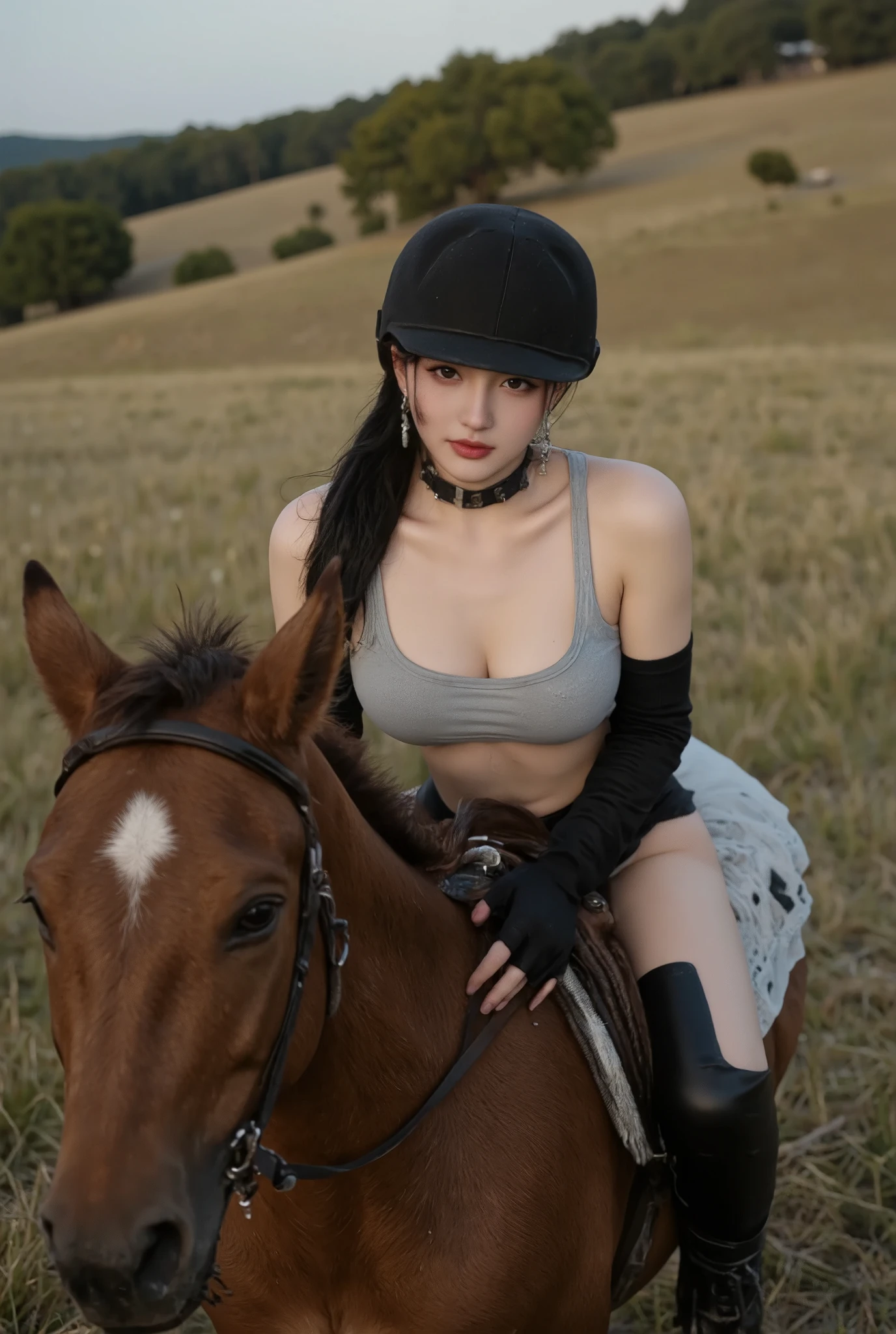 1girl,solo,50 years oldShe's a bullfighter,
prairie background, horse riding,
upper body,
brown_hair,cowboy hat,
straight front face_view,(large breasts:1.2),
best quality, highres, absurdres, Photography, sharp focus,
Negative prompt: (bad_pictures:1.3), (easynegative:1.3), (pureerosface_v1:1.1),
Headbands, hair accessories, bows, earrings, necklaces,text,logo,
