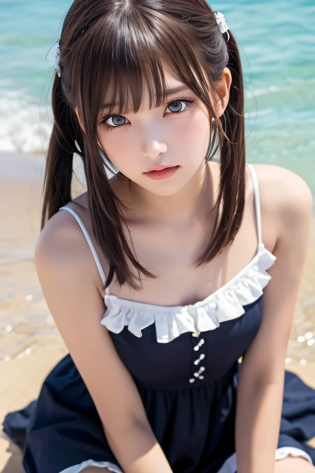 ((masterpiece)), ((highest quality、Ultra high definition)), (Very detailed),8K、Photo quality、((Amazingly cute girl)),( 14-year-old girl), Two people, , (Beautiful emerald blue eyes), ((smile)),In the open-air bath overlooking the sea, Beautifully arranged black hair in twin tails、whole body、Cute lolita maid style swimsuit))、Professional Lighting、(White lace knee-highore detailed and beautiful)、(More details and cutenesore realistic)、(((Just wear light clothing)))、
