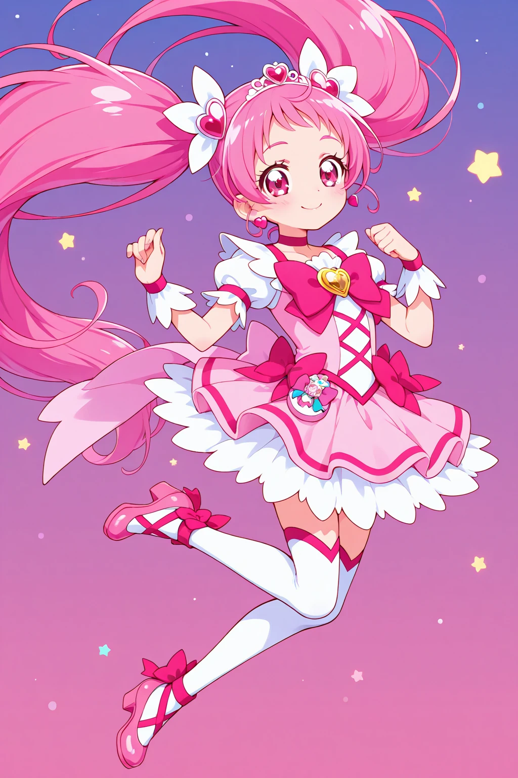 (((Masterpiece))), (best qualighy, best resolution:1.2), beautiful anatomy, perfect body, very delicate, super gorgeous hair, very long and beautiful hair, high ponytail, pink hair ornament, multicolored hair, absurderes, glowing eyes:1.2, impossible dress:1.3, clothes under clothes, full body, pigeon-toed, holding a sailor moon stick, (beautiful surreal cloud world scenery), unique art, most beautiful art, ((ultra detailed)), beautiful details, ((nice drawn hands and fingers)), (most beautiful legs), depth in field, cinematic lightining, colorful, intricate