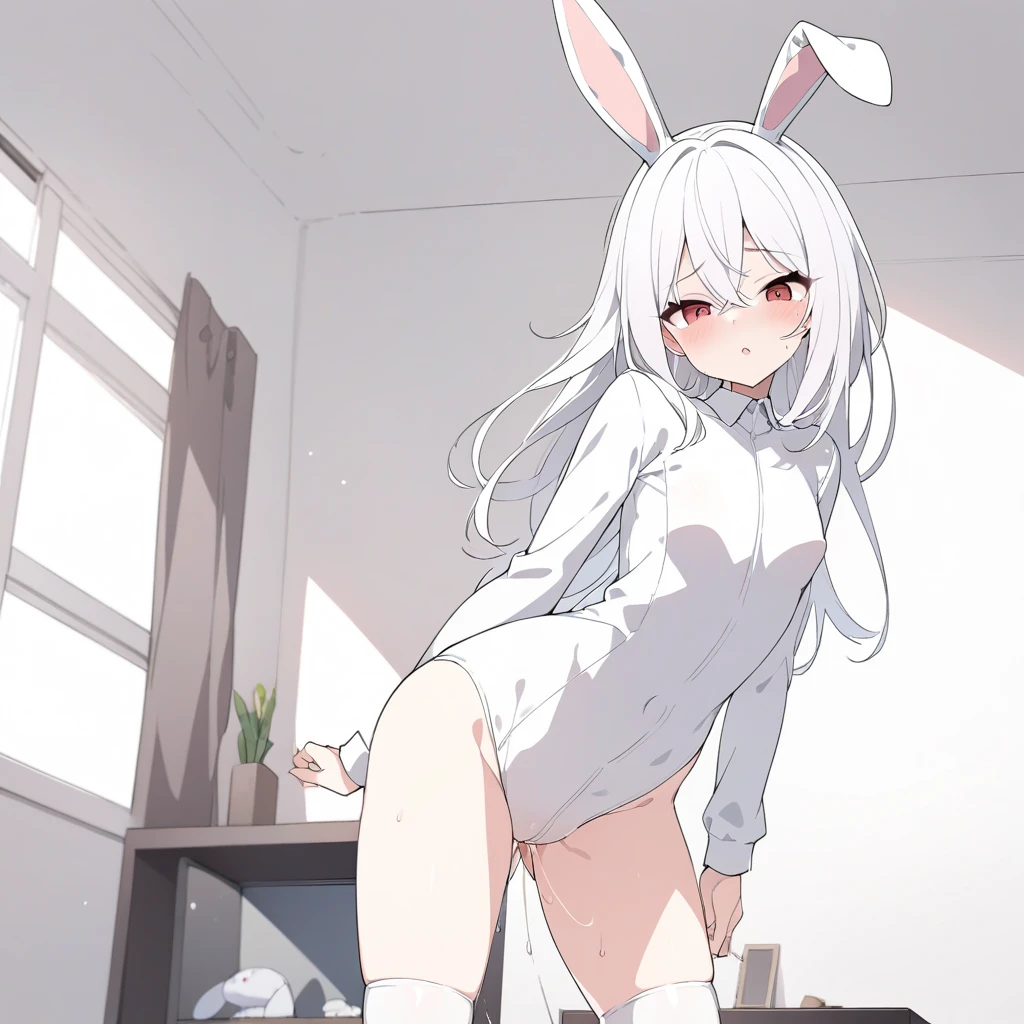 masterpiece, Top quality, Ultra high definition, Maximum resolution, Very detailed, Clean skin, Anime, Flipping panties with hands, Flipping bra with hands, Pulling clothes with hands, Full body, Nude, Slender, Very cute, Young face, 13 year old girl, Red eyes, Semi-long hair, Silver hair, Braided hair, Lying down, Wide open legs, Raised legs, Flipping clothes with hands, Twisting clothes with hands, White costume, rabbit ears, bunny girl, semi-undressed, wet clothes, wet body, thin-skinned clothes, clothes with visible tips of breasts, sweat, breasts protruding from clothes, clothes with sheer tummy, under breasts, embarrassing, blush, show off, cleavage, crotch shows through, areola see-through, pubic area open, open, pubic area visible, vaginal launch, minora, penetration, white liquid, with two men