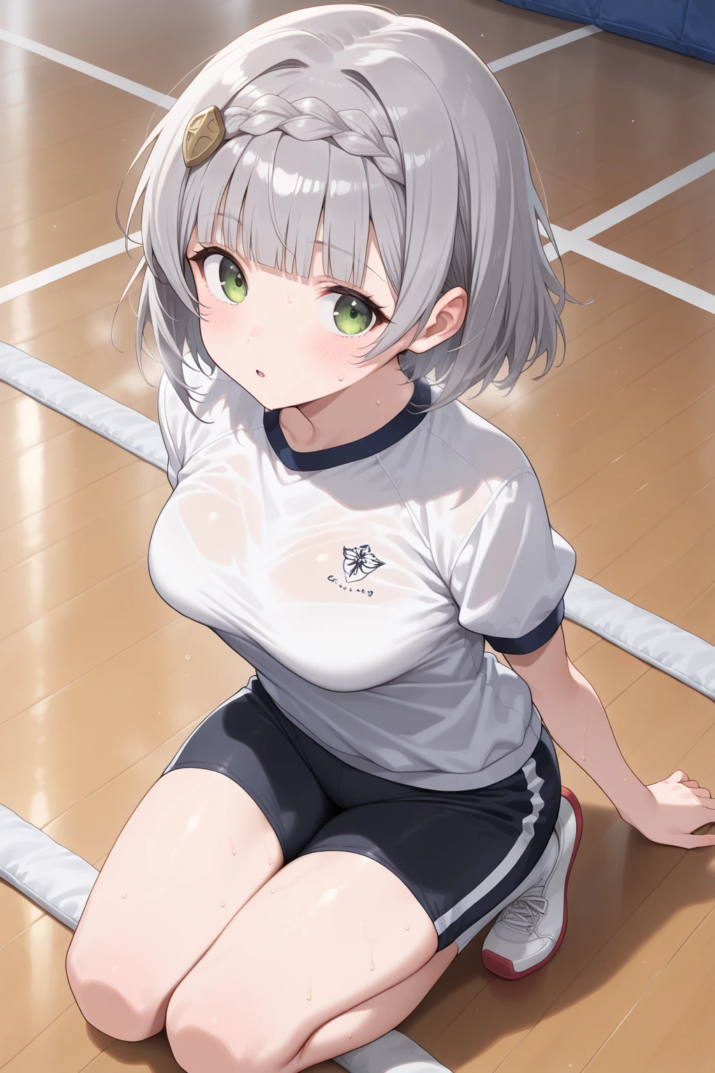 (masterpiece, best quality, detailed), 1girl, solo, looking at viewer, aayanagi, short hair, hair between eyes, long bangs, sidelocks, hair over eyes, covered eyes, large breasts,
<lora:Soccer Uniform By Stable Yogi:0.5>, soccer uniform, <lora:school_gym_v0.1:1>, school gym, <lora:breasts_squeezed_together_v0.2:1> (breasts squeezed together, v arms), smile, closed mouth