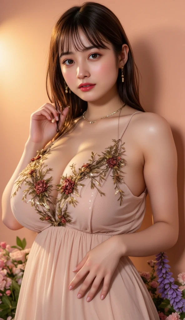 (8k、RAW photo, highest quality, masterpiece:1.2、RAW photo)、portrait, High resolution RAW color photos, professional photos、super resolution, 8k, (realistic, real photos: 1.3), 1 person、Super detailed, very detailed and beautiful, very detailed, amazing details、(Full body Esbian:1.1)、(photographed from a distance:1.3)、cute beautiful woman with perfect body:1.4、slim big:1.2、amazing details、cute beautiful woman with perfect body:1.4、slim big:1.2、shiny skin、glossy lips、High-definition face and skin texture、fine eyes、double eyelid、very detailedな、(dark brown hair color、long hair、curly hair)、big breasts、(((ample breasts:1.4))))、(high resolution chest、happy expression), 、big necklace、big earrings、(Lingerie studded jewels)、((transparent lingerie:1.2))、(off shoulder lingerie:1.2)、(Pink lingerie)、(embroidery:1.1)、((A world filled with flowerysterious World