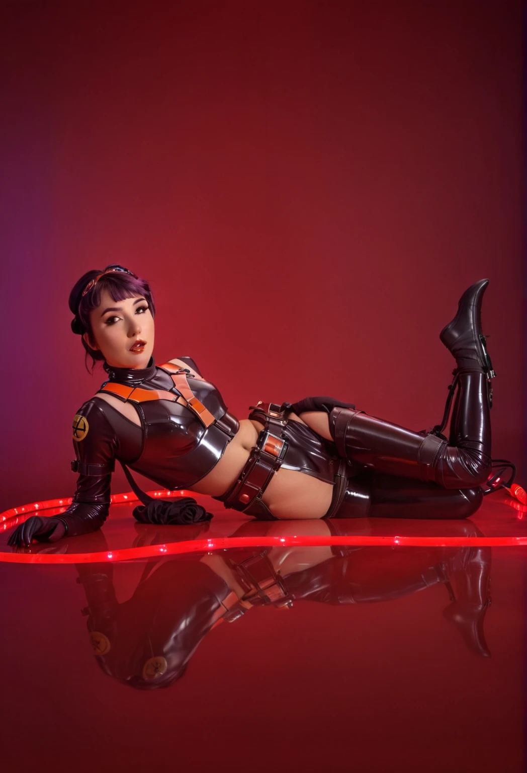 Portrait of one beautiful sabine wren wearing a skimpy outfit, (cute face dutch lara), lying in tight latex blowjobs,((bondage harness, seamless Latex)) seamless suit, dynamic pose, masterpiece,(background: Fetish ,red lights), perfect face, style: shiniez