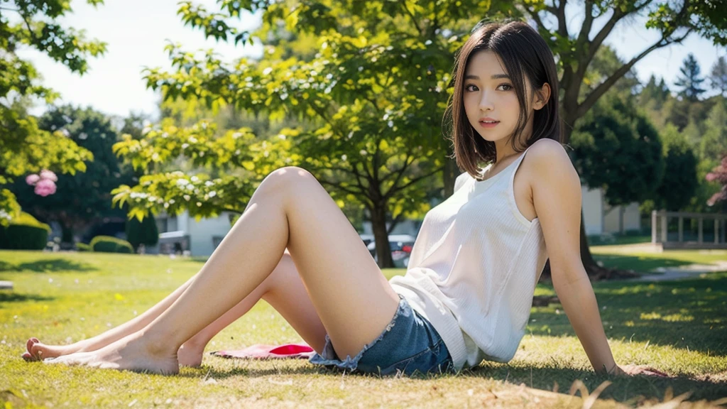 undergarment, photo of 15 years old girl, cute little, ((KPOP Idol)), ((Lace panties, pantyshot,White panties are visible))、 ((Physical education sitting、Sitting on the grass with both hands holding knees、A-shaped legs)), A dark-haired, blurry backround, knee high,all nude,full nude, head rest, Shot from below the front, plein air, masterpiece, top-quality, ultra-detailliert、neatly trimmed lawn,sitting on a small wooden stand,Carefree smile,Photographed from below,neatly trimmed lawn,