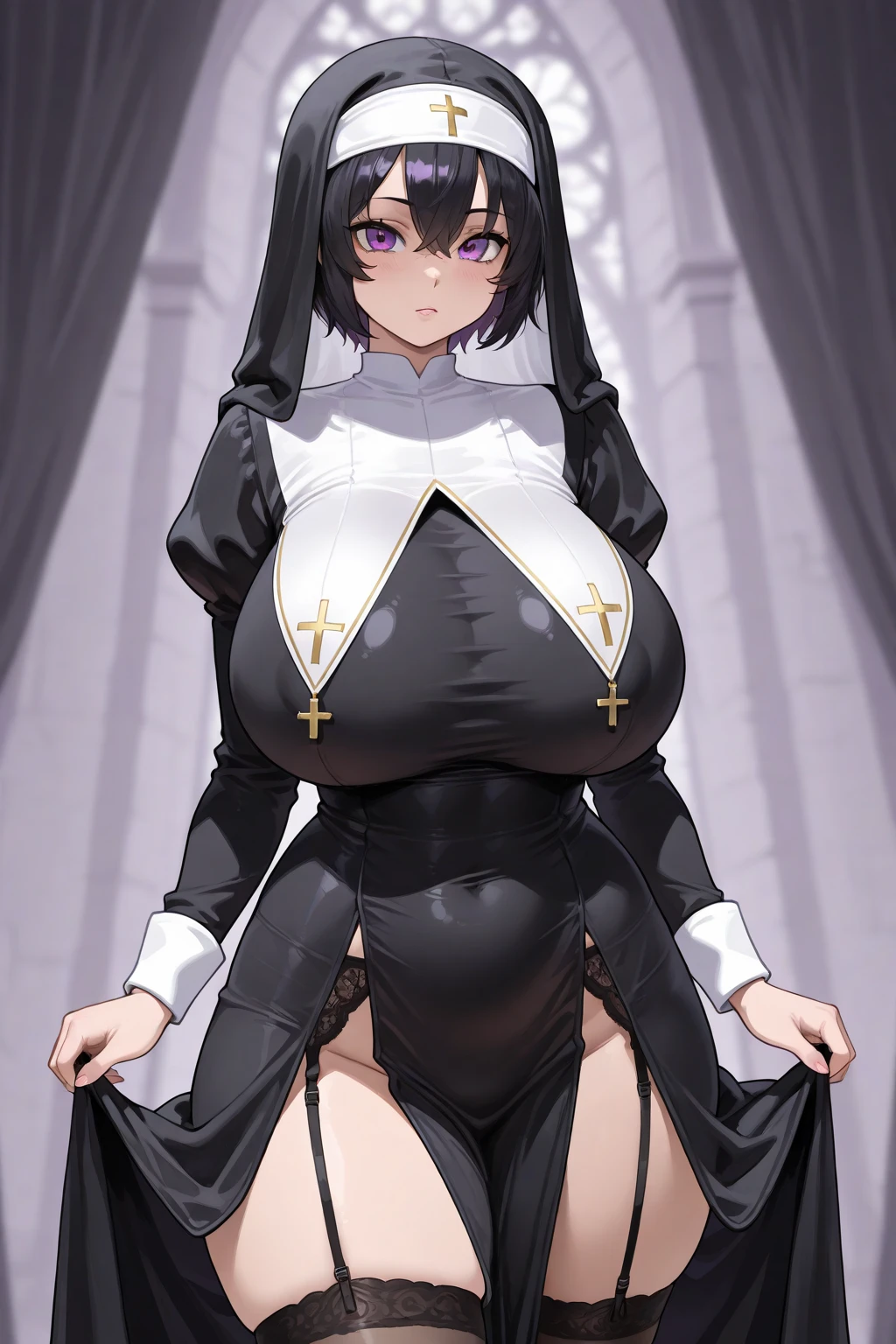 sexy nun,cross on her tits,bible in her hands,illustration,seductive pose,charming smile,beautiful detailed eyes,intense gaze,soft lips,long eyelashes,shiny black hair,rosy cheeks,fair skin,flowing robe,golden cross pendant,soft lighting,vivid colors, thighs, breast, ass, seductive, spicy, hot, horny, showing pussy,