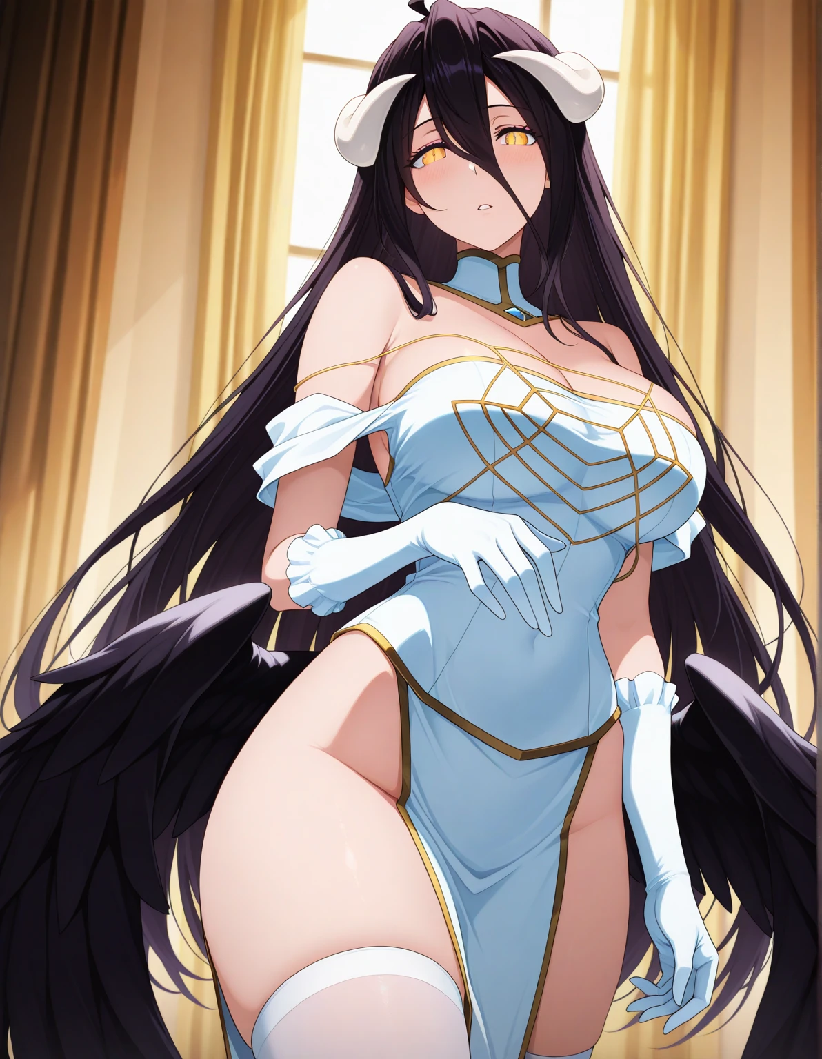score_9, score_8_up, score_7_up, score_6_up BREAK source_anime, Ishtar, long hair, black hair, ribbon, hair ribbon, two side up, red eyes, parted bangs, crown, PekoraPrincess, fur collar, white dress, frilled sleeves, short sleeves, gold-trim, white gloves, white thighhighs, garter straps, 1girl, divine goddess body with stunning curves, smile, wide hips, on her back, spread legs, See through lingerie thong, wetness, The background is on a living room