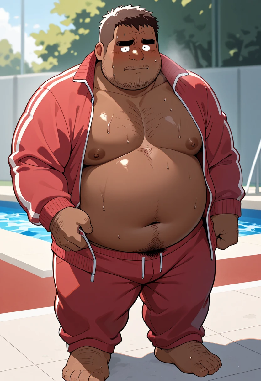 a man Morbidly obese, chubby, extremely thick thighs, large belly, wearing only swimming trunks. estilo de anime chibbi. fundo branco