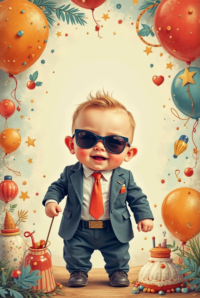 ピースサインをするイケイケ赤ちゃん: "Create a realistic image of a baby with a cheeky smile, wearing dark, wraparound sunglasses and flashing a peace sign with its tiny fingers. The baby is dressed in a mini denim jacket and a bandana, exuding a rockstar vibe. The background is a lively family gathering with balloons and laughter, enhancing the fun and carefree atmosphere."