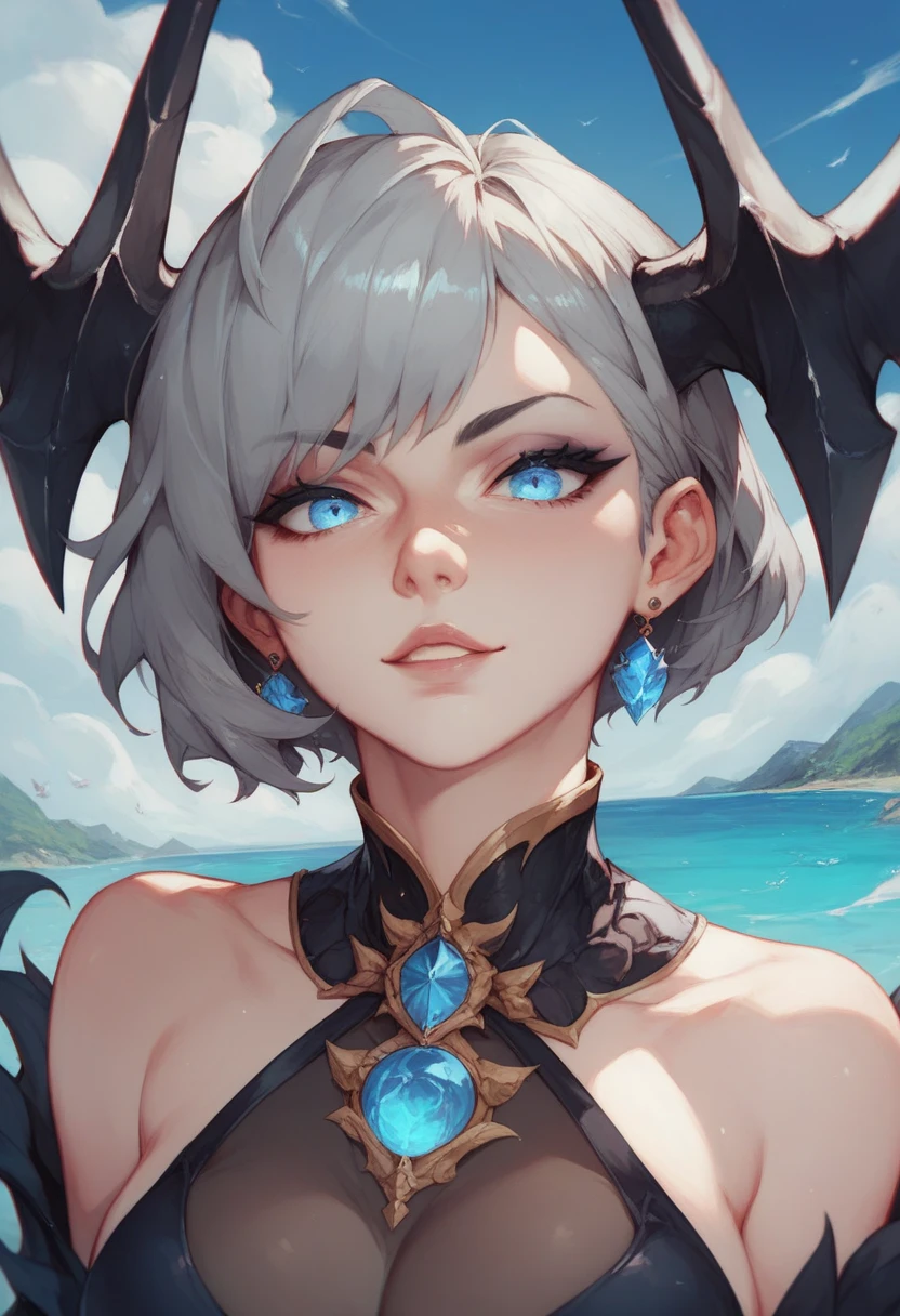 ((best quality)), ((masterpiece)), (detailed), 1 girl elf-draconical heavy warrior, 8k_wallpaper, extremely detailed eyes, (large masterpiece digital art), (intricate details:1.3 ), (ultra-detailed:1.3), (sharp focus:1.3), (natural lighting:1.05), (vivid colors:1.3), (best quality:1.4), high quality, expressive eyes, full body, detailed face, beautiful face, perfect face, ((hair sandy white curls)), ((dragon dark blue horns)), (gold eyes), {{dark blue skin}}, ({dark blue skinned female}), big breasts, (huge chest), powerful relief muscles of the abdomen and legs, powerful strong muscles of the arms, abdominal piercings, cruel predatory and cold-blooded arrogant look, a predatory smile with many fangs, open dark blue silk lush kimono with patterns of golden maple leaves, a white translucent cotton crop-top outlines of nipples under clothing, leather mini-shorts, lowered leather wide red belts on the waist with large yarn, (long large dragon dark blue tail), she stands on a sunny day on a sea pier against the backdrop of a ruined medieval city,