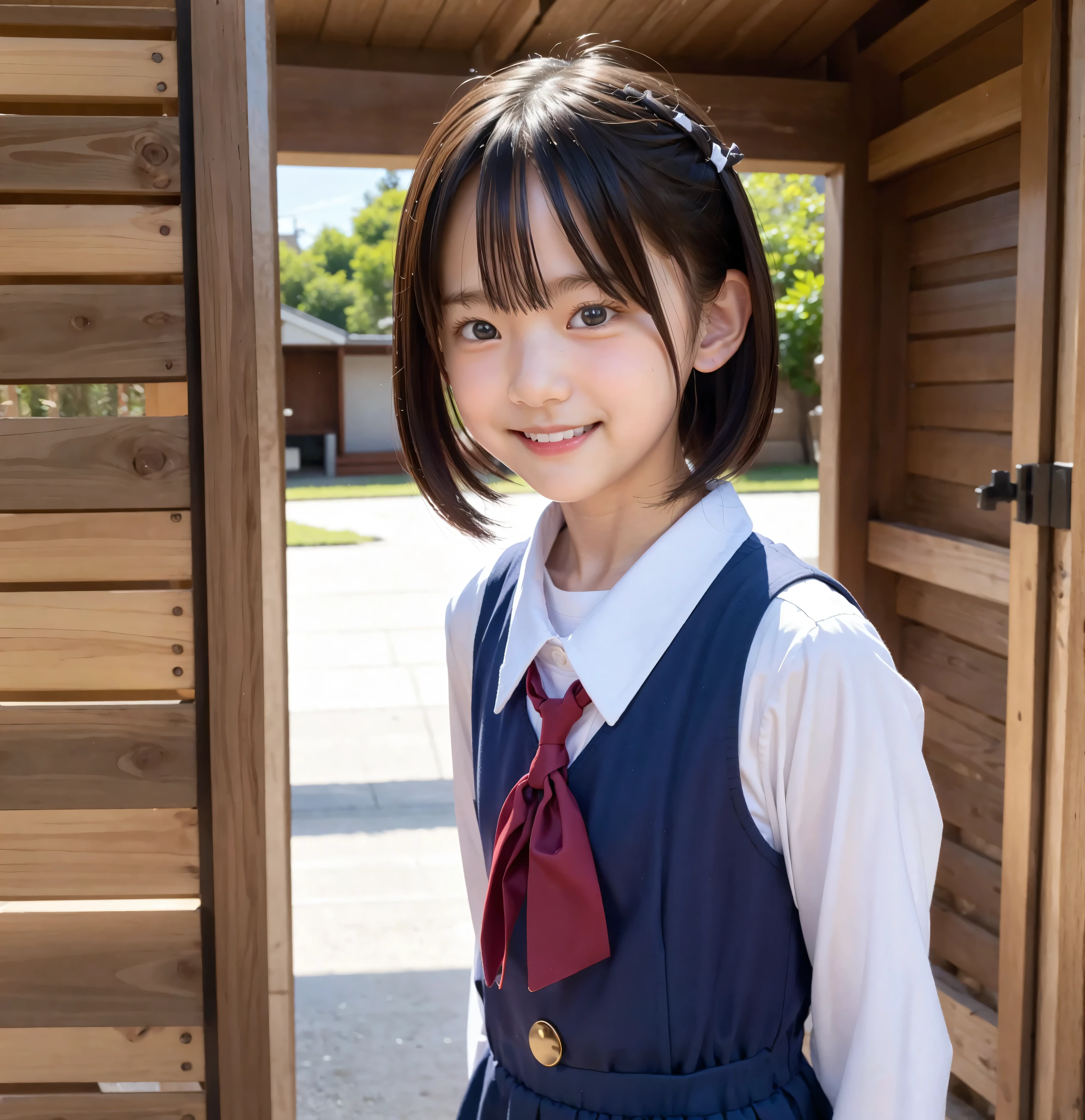 S, please line up quietly before entering the classroom, elementary school student, girls,cute, masterpiece, details,smile