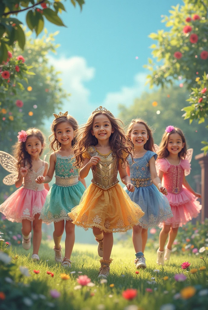 Disney children dressed as princesses playing in the school playground