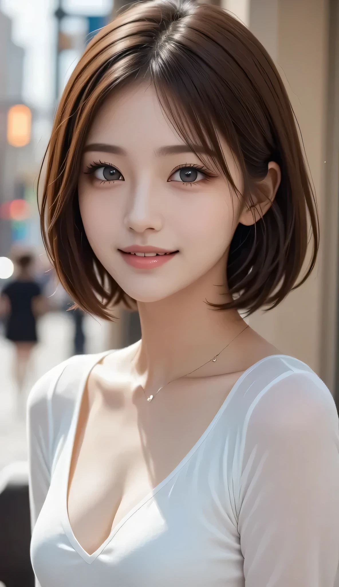 (8k, RAW Photos, highest quality, masterpiece, Realistic, Realistic), (1 female), (Ultimate beauty), Highly detailed face, (Perfect Teeth), Beautiful Eyes, double eyelid, eyelash, smile, Lip details, (Neat brunette bob), The light shines on your face, Big Breasts, ((Colorful mini dresses)), (Front view), (background: none),  backgroundぼかし