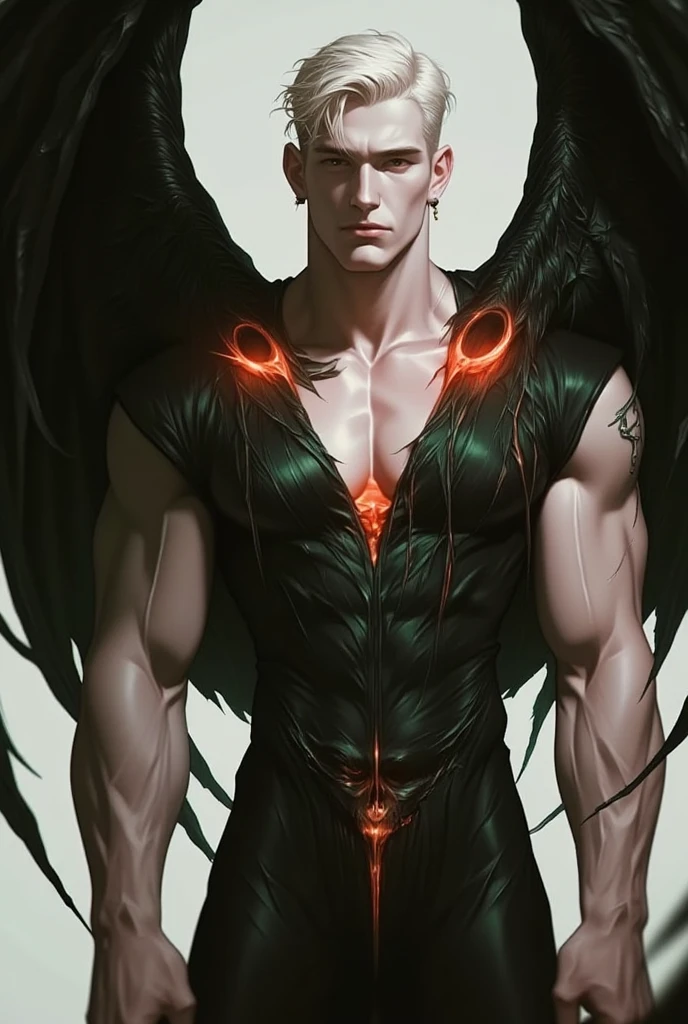 ### **shape**: มีshapeเป็นมนุษย์ ชายหนุ่มมีใบหน้าหล่อ
- **Physical characteristics**: Approximately 6 feet 5 inches tall, with a well-proportioned body with prominent muscles and glowing white-red skin - **wing**: มีwingที่สามารถยุบและขยายได้อยู่ที่หลัง ซึ่งเมื่อยุบจะเก็บอยู่ในshapeของแผ่นเกราะที่ปิดwing
- **Hair and eyes**: Her hair is short and golden, and her eyes are glowing yellow. She has beautiful black and red dragon horns on her head.