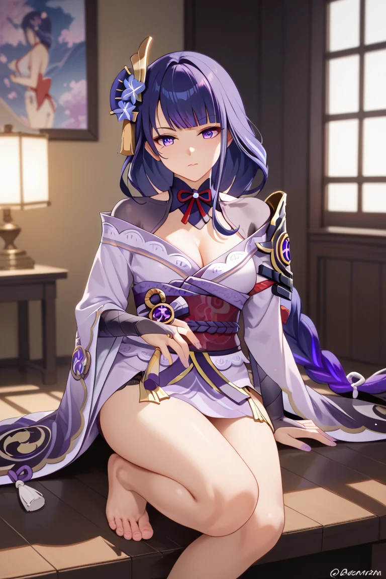 1 girl, Raiden Shogun, Genshin Impact, kneeling, Japanese style room, seiza, purple kimono, purple thigh highs