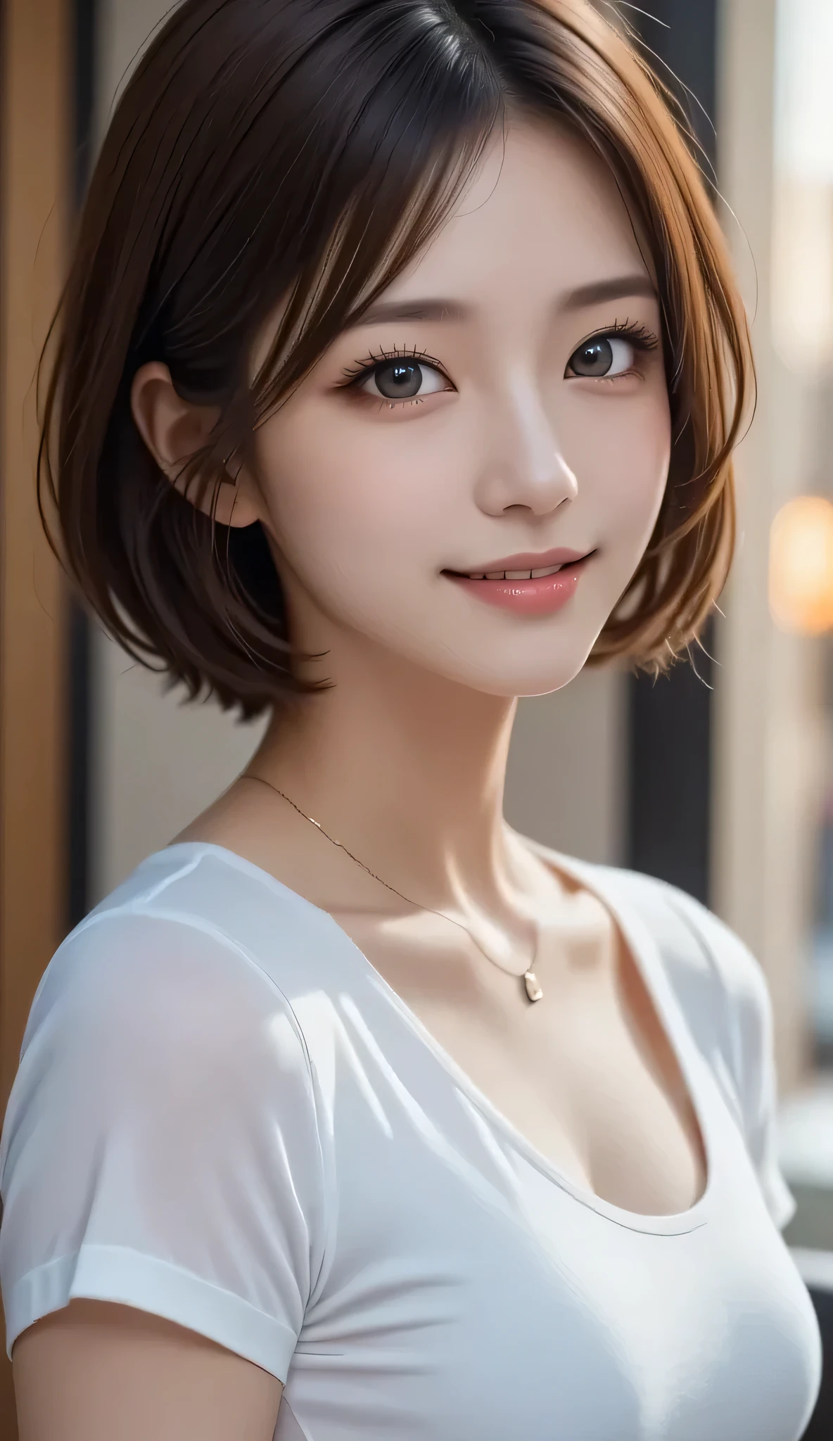 ((masterpiece)), ((Highest quality)), ((Complex)), ((Surreal)), (Realistic), (Mature Woman), ((There are no classes)), Very detailed, (1 female), Beautiful and exquisite, (Beautiful Teeth), Grin, Brunette Bob Hair, Brown eyes, ((blouse)), (Upper Body), (background:none), Perfect Eyes, Captivating eyes, Looking at the audience
