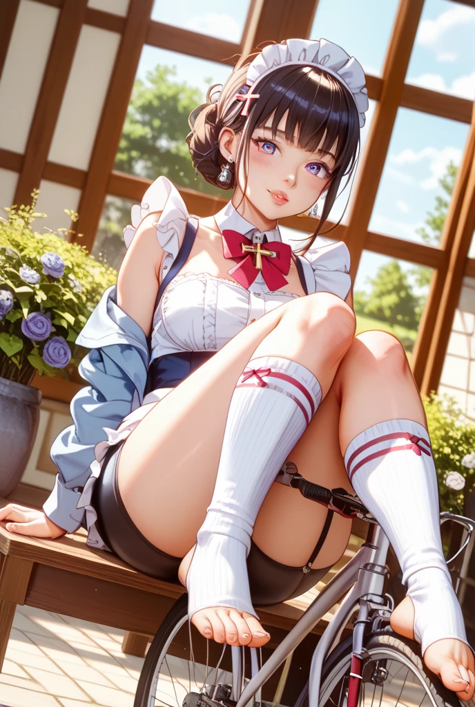 Absurd, (highest quality), (masterpiece),(Very detailed:1.2), (High resolution), Half body 1 person, alone, Same 1, tiara, Sailor Warrior Uniforms, White gloves, Red Sailor Collar, Red Skirt, Dutch Angle, Angle from below, A gentle smile, Sit on a wooden bench, spread legs, Showing panties, Big Breasts, Wisteria flowers in full bloom
