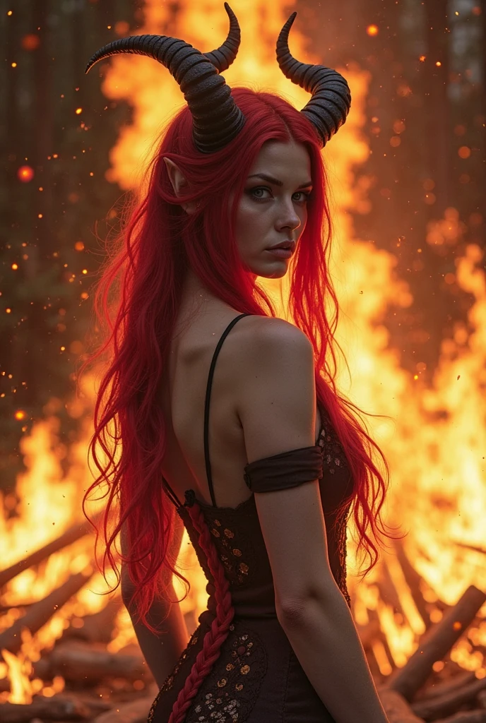 a portrait of young demon woman, fantasy, bleached skin, red eyes, long horns, sinister look, red hair, cosplay, red shirt, fire, hell, burning, night, (hdr:1.1), 8k, realistic hair, sharp details, (hdr:1.2), (muted colors:1.2), RAW photo, film grain, Fujifilm XT3