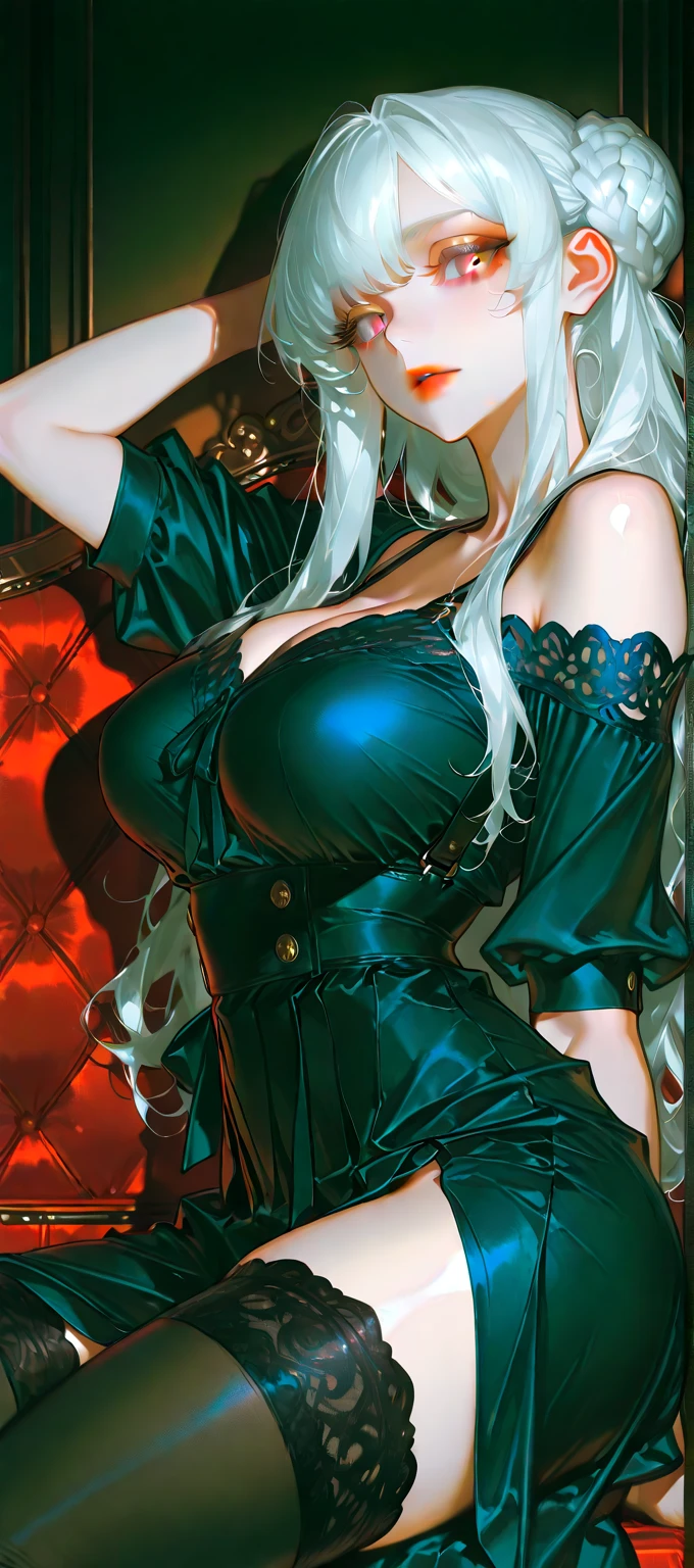((Best quality)), ((masterpiece)), 1 girl, half naked, tall, rich, modern, futuristic, sexy, stylish, mature, elegant, evil, sharp jawline, professional makeup, dressed in a silver-green long coat and super ((sexy lingerie)), big breasts, cleavage , smooth shiny skin, jewelry.