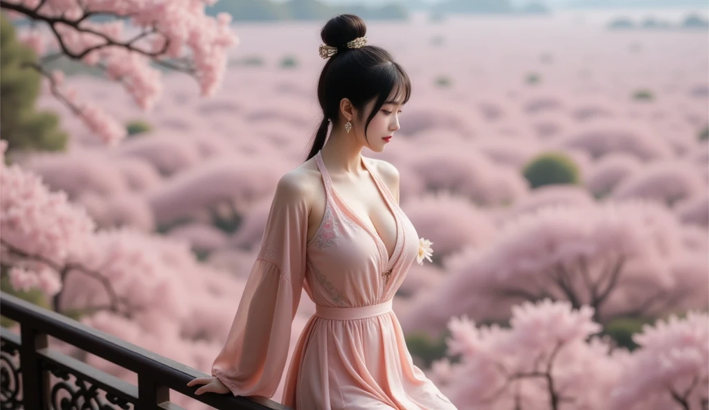 a highly detailed and ethereal image of a beautiful woman with long, straight black hair and porcelain skin. She is (kneeling on a path:1.8) surrounded by softly glowing street lamps and blooming cherry blossom trees. View from behind. Her outfit is a delicate, backless dress with intricate floral embroidery that blends seamlessly with her surroundings. The dress is sheer and light pink, adorned with cherry blossom motifs. The setting is a serene and dreamy evening, with a soft bokeh effect from the street lamps, and cherry blossom petals gently falling around her. The atmosphere is enchanting and mystical, with a focus on the contrast between the soft pink hues of the cherry blossoms and the subtle illumination from the lamps. The woman's makeup is bold, featuring striking purple eyeshadow and red lips, adding to her captivating and mysterious aura. Hyper realistic photo, 16k, vibrant colors