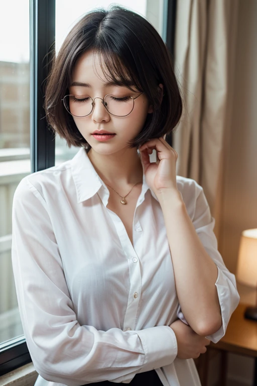 masterpiece, best quality, realistic, highly detailed, 1girl, solo, cowboy shot, preaty girl, red eyes, silver hair, short hair, glasses, thin lips, large breats, Shirt, unbuttoning a shirt, skinny jeans, sexy look, tatto,