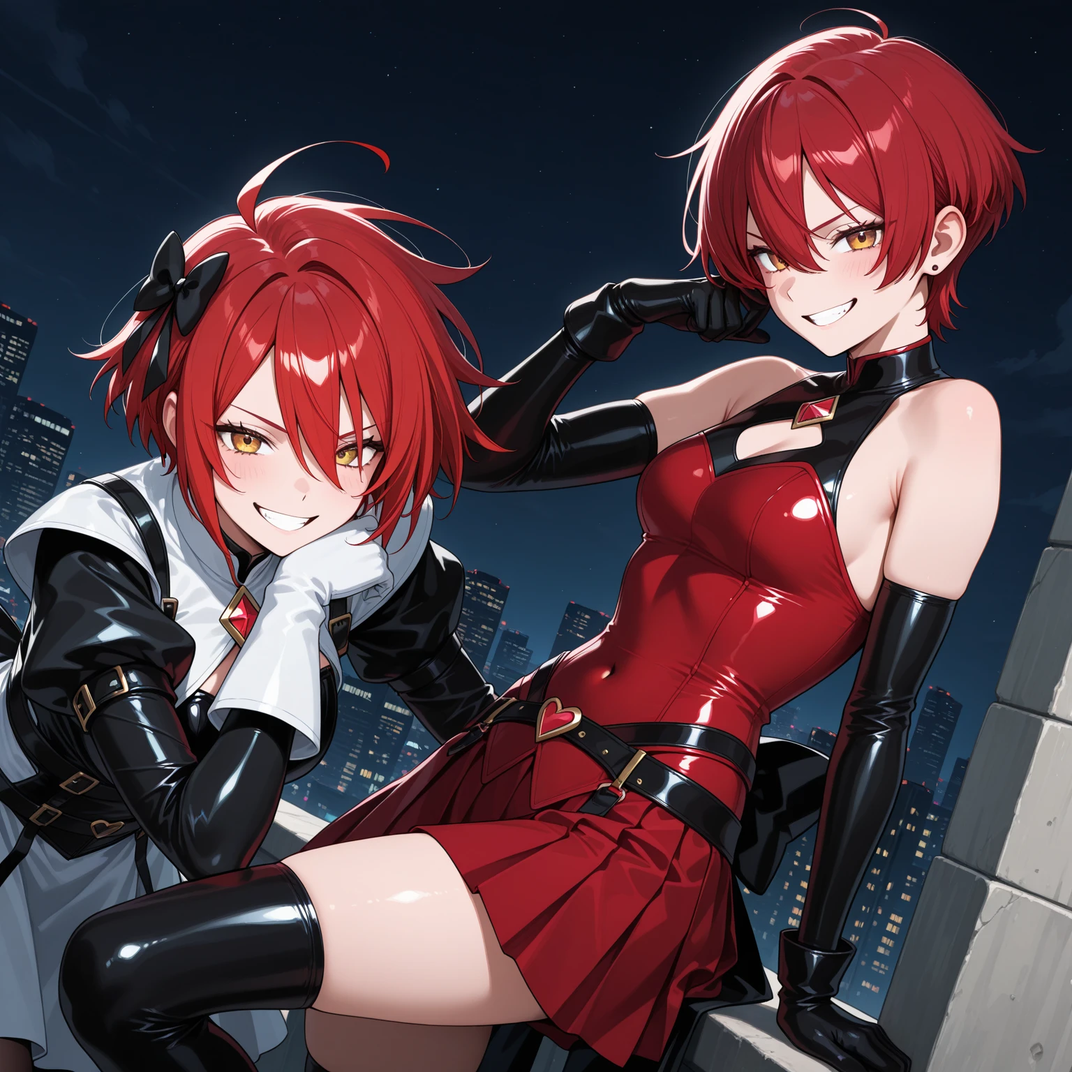 Highest quality, masterpiece, One Girl,Not beautiful, Red Ponytail, Long dress, brooch, Hair Ribbon, - Elbow hand pockets, Black knee socks, Standing on the rubble,  (A very wicked smile:1.1), ,,Dark shadowed face,Sadistic smile,Malice,Contempt,smile,latex,Bad face,,Red Skirt,two hands,two legs,five fingers,evil background,elbow gloves,latex, Wicked Smile, devilish aura (Shiny fabric:1.5),Evil Darkness

