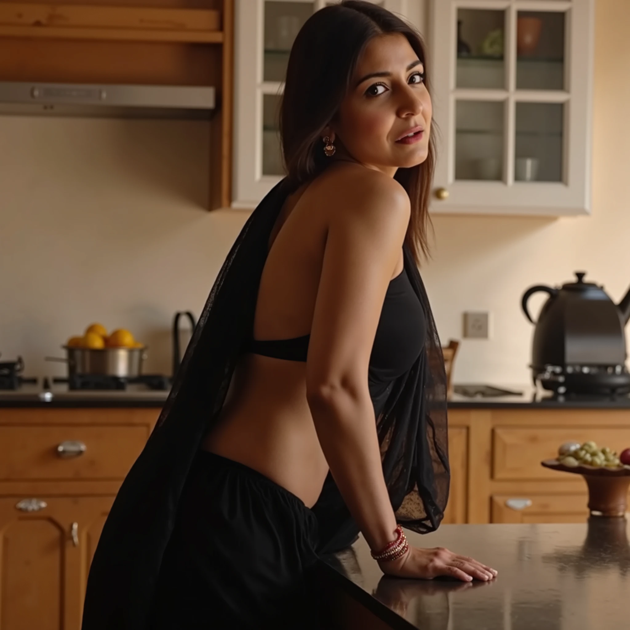 Hot Indian girl, with a petite figure, in her early 30s, in a sexy low waist transparent black chiffon saree, backless bikini blouse,  bending both hands resting on the kitchen countertop, with a scared expression on her face