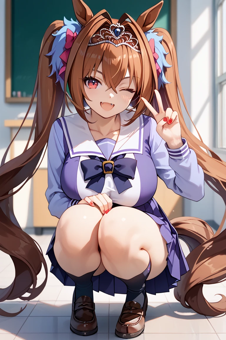 [1girl, daiwa scarlet \(umamusume\), umamusume], (throw_hand, pink vibrator remote switch in throw_hand, throw:1.2), highest quality, Super detailed, masterpiece, Ultra-high resolution, 8k, Ridiculous, Cowboy Shooting, Blurred, One girl, Focus on the girl, Embarrassing, blush, Lovely, With tears in her eyes and her mouth open, What saliva leaves behind, Wet skirt hem, (Sticky panties:1.1), (Light blue striped underwear), Bulging of the vibrator cord, Vibrator with Garters, (medium breasts), (school uniform), (cleavage), Sit on a chair, Classroom Background, (black stockings), (Thighs), (Waistline)