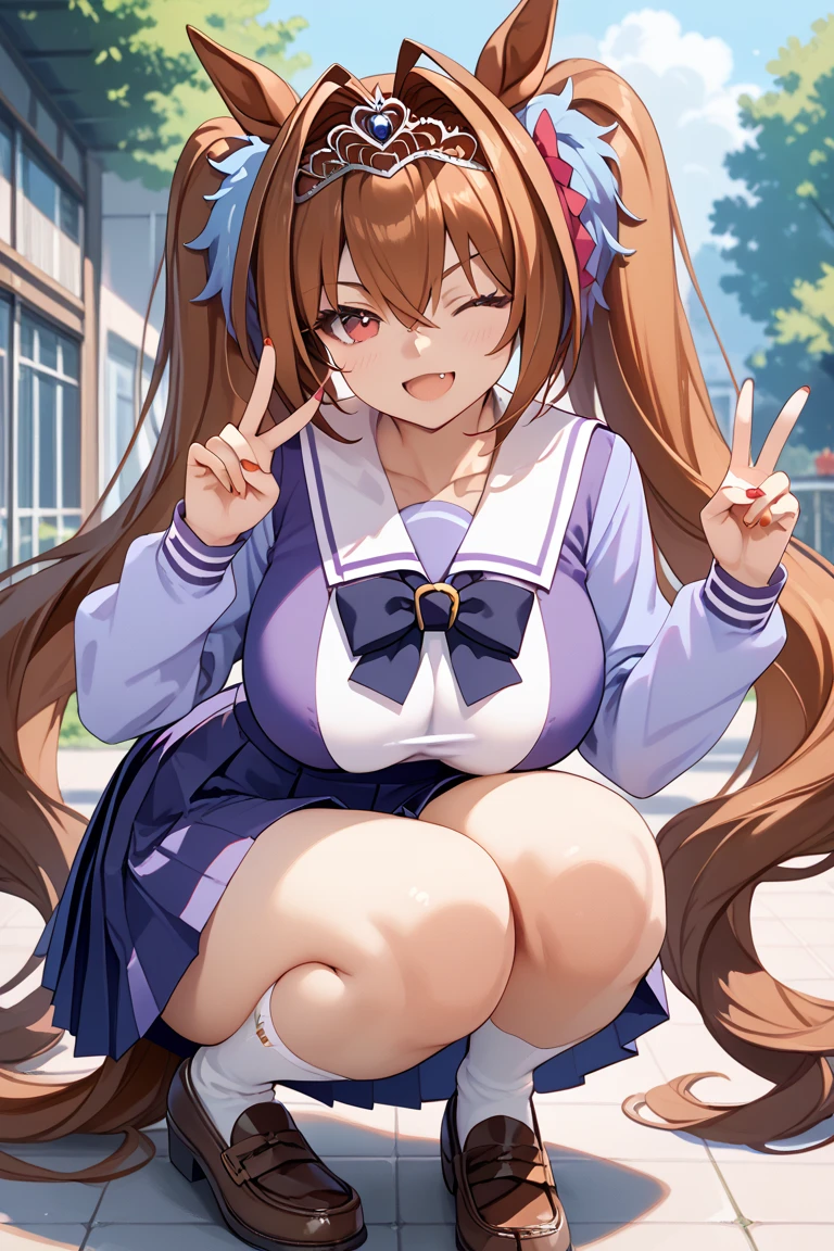 (masterpiece, highest quality, ), full body, Copano Ricky \(Umamusume\), white stockings, vestige , purple shirt, pleated skirt, Plump short sleeves, white skirt, plump sleeves, summer clothes, ruffle skirt, sailor collar, sailor shirt, mini skirt, School, corridor, 、Kindergarten children、、6 years old、、 of、one person、big breasts、nipple、Squat with your legs apart、blush、striped panties、Underwear is transparent、Clothes are transparent、Mushy white love juice、Drip a large amount of love juice、spread legs、Nipple shows through
