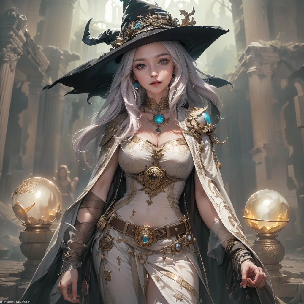 trading card of beautiful tan elf, gigantic bulging breasts, long flowing white hair, Dramatic lighting, elaborate, glossy shiny wet skin, high heels, sexy black and gold high slit mage robes, , black and gold witch hat, holding a small magical orb with an aura around it, HD, 4k