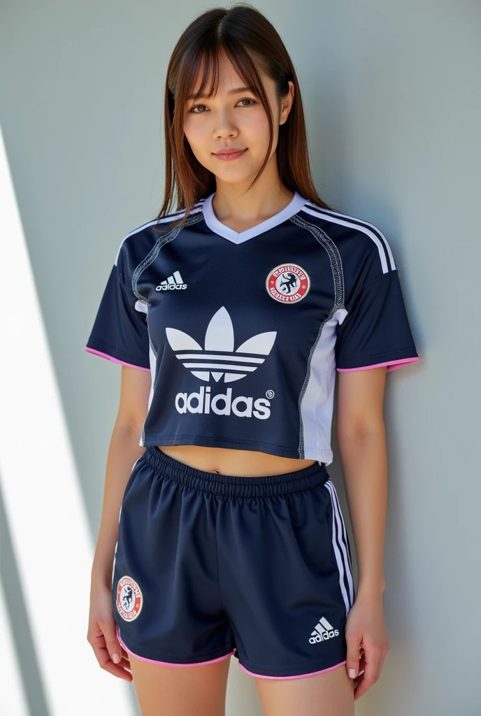 (Gray background:1.5, Close-up shot:1), (Realistic:1.4), (Highest quality:1.0), (Ultra-high resolution:1.0), 8k, RAW Photos, (masterpiece:0.2), One girl, Beautiful Skin, Detailed skin, Big smile, teeth, (short hair:1), (Soccer uniforms:1.2)