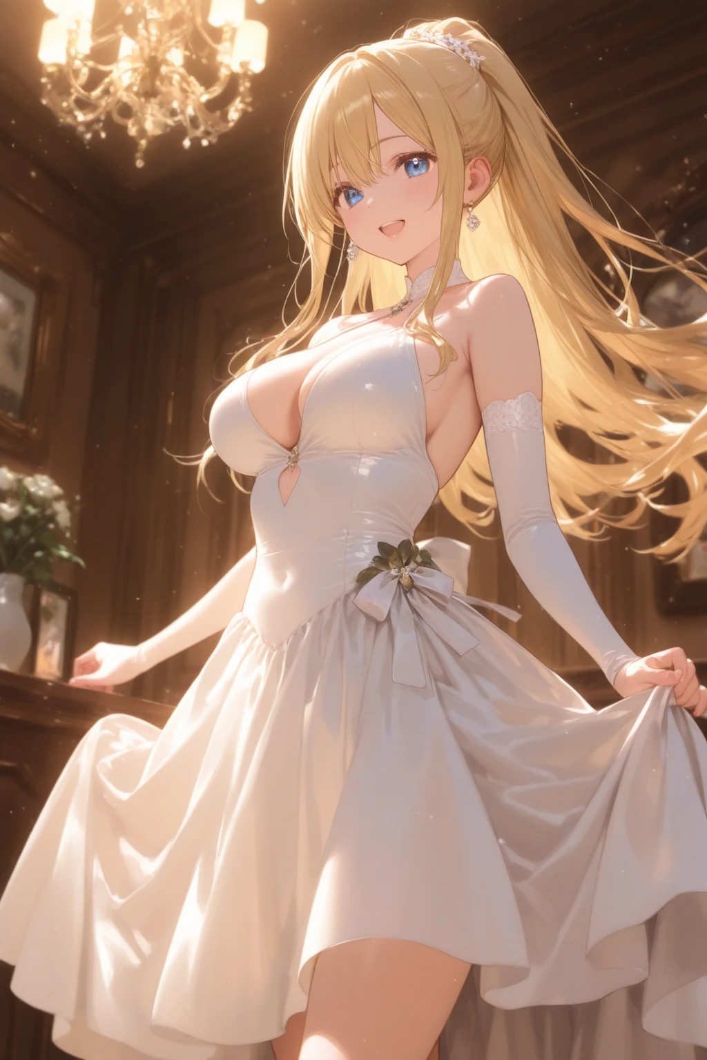 masutepiece, Best Quality, High resolution, Ultra High Resolution, depth of fields,1girl in, alice zuberg, bangs, blue eyes, blonde hair, hair between eyes, very long hair, braid, hairband, white hairband,  (wedding dress), cleavage, chies