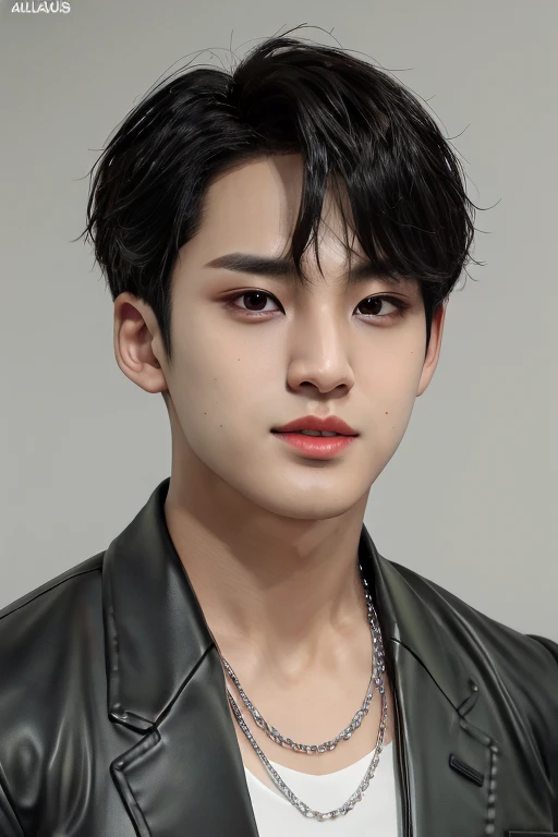 professional portrait photograph, handsome young man, model, crew cut, fluffy hair, detailed face, detailed eyes, plain background, kpop