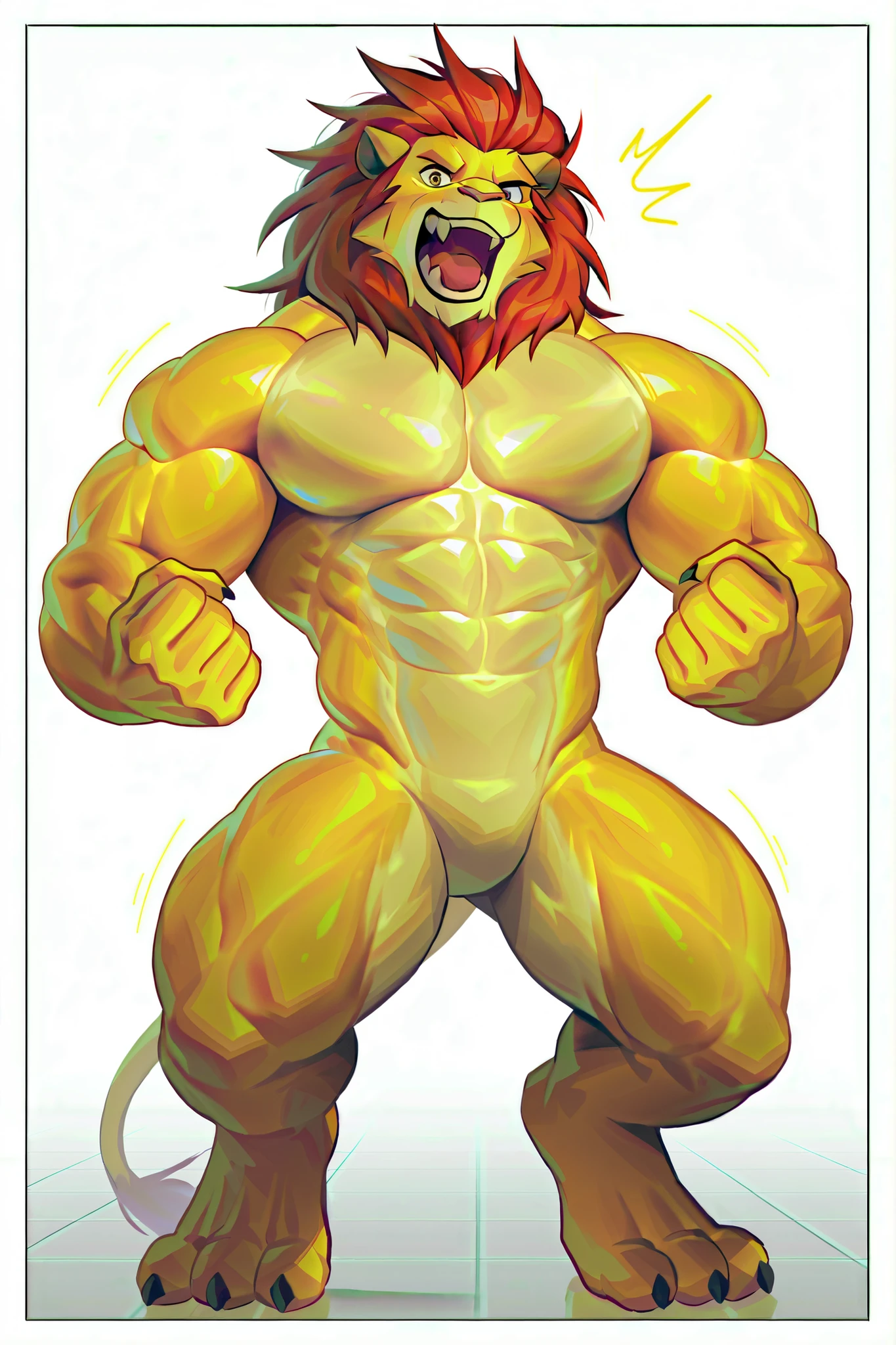(masterpiece, 4K, ultra detailed), a lion furry, single, masculine, smooth lining, vibrant colors, sexy, muscular, shirtless, cartoony, anime, short red hair, two blogs haircut, naked, teenage, blue anime eyes, penis, meadow