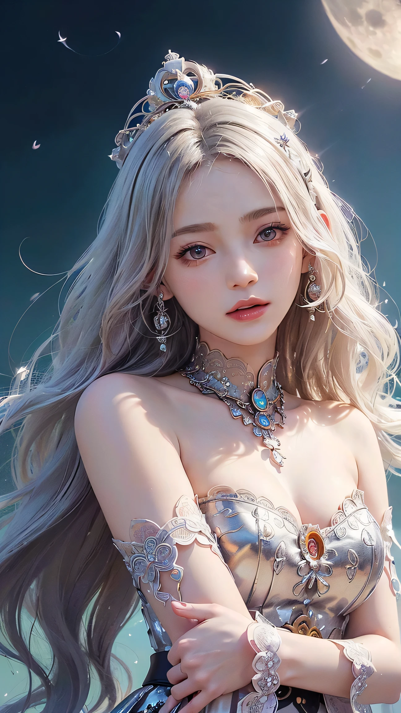 (masterpiece:1.3), (8k, Realistic, RAW Photos, Best image quality: 1.4), Fair-skinned fairy woman、Long Hair、Cleavage:2.0、Highly detailed face、Attention to detail、double eyelid、Chest to chest、Sharp focus:1.2、Beautiful woman:1.4、Silvery white hair、Highest quality、masterpiece、Ultra-high resolution、(Realistic:1.4)、Highly detailed and professionally lit smiles、Loose, Light, futuristic clothing、Shoulder out、thin、Serious expression、Short-haired、Deadly position, Gorgeous Accessories, One person