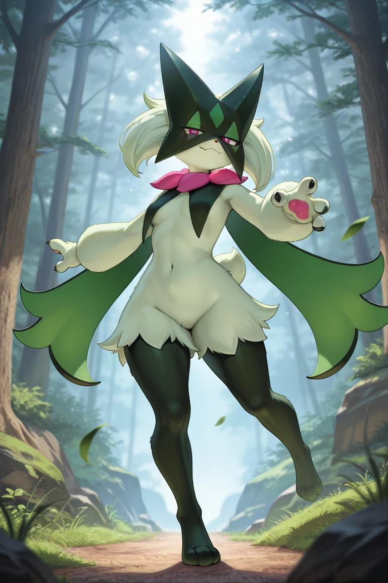 [meowscarada], [Uploaded to e621.net; (Pixelsketcher), (napalm_express), (woolrool), (wamudraws)], ((masterpiece)), ((HD)), ((high res)), ((solo portrait)), ((full body)), ((feet visible)), ((furry; anthro)), ((detailed shading)), ((detailed shadows)), ((beautiful render art)), ((horror)), {anthro; (green body fur), black nose, (cat ears), (cute purple eyes), (glowing eyes), (long black claws), (medium boobs), (curvy hips), (thick thighs), (beautiful legs), (beautiful feet), (blushing), (smug grin)}, {(purple leaves around neck)}, {(standing), (arms on hips), (looking at viewer)}, [background; (park), (trees), (nighttime), (starry sky), (full moon), (ambient lighting)], (shiny), (dark green nipples), (pussy exposed), (dark green pussy), Breasts Exposed,]
