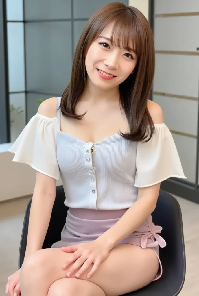 (Highly detailed 8k wallpaper), sharp focus, detailed, dramatic, delicate and beautiful young girl, (slim face, Slim Waist, Slim legs), (perky uplifted breasts:1.2), cleavage, blunt bangs, lace embossed professional blouse and flared skirt, Half Butterfly Earrings、銀 necklace with opal、 (downblouse:0.5), (smile:1.05), graphics beautiful, in high-rise buildings, Modern office with a city skyline view, Full Glass Wide Windows, full body, sitting down sofa by window, from below shot,