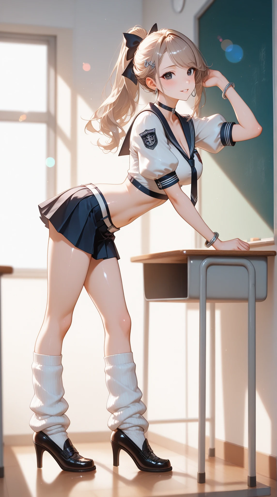 ((Top Quality, 8k, Masterpiece: 1.3)), little girl, uniform, dark blue skirt, ultra-detailed face, detailed lips, detailed eyes, double eyelids, slender figure, white shirt, wet shirt, empty classroom, playful, shiny black pantyhose, exposed breasts, exposed ass, high heels with ankle strap, detailed eyes, leggings, kissing each other, 4K high resolution, exposed breasts, exposed ass