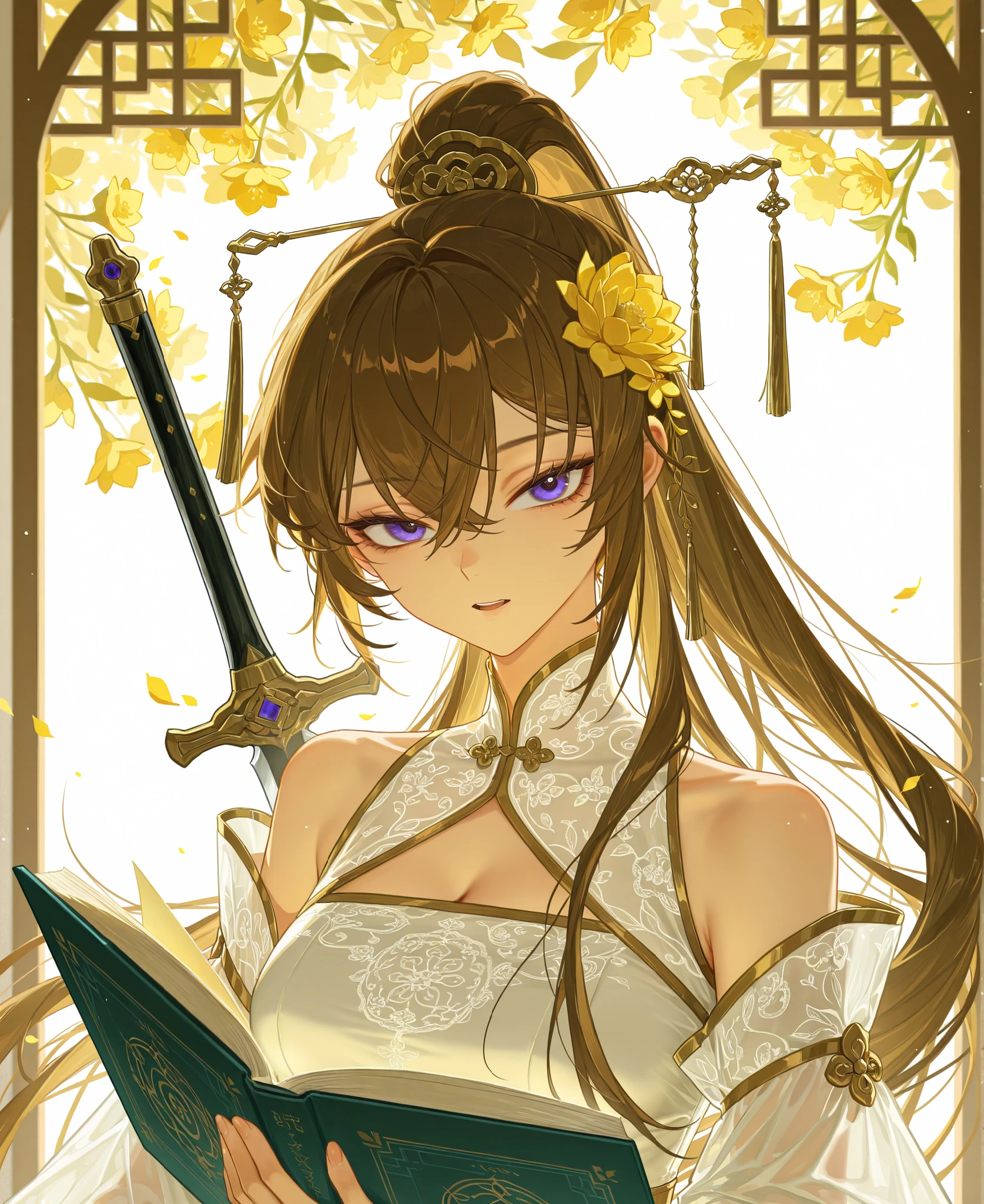 A high quality three quarter candid shot of a woman looking away from the viewer reading a book, she is turning away from the viewer, palace gardens, indoor garden and library, peaceful atmosphere, natural lighting, tsurime and narrowed eyes, deep blue eyes with abyssal dark notes and detailed contrast, eye focus, slightly open mouth, natural brunette, hair in front of her eye, long high ponytail, golden flower in her hair, wearing a white cheongsam, flying sword next to her, JiaXichunLimbus, exposed shoulder, holding a grimoir, magical book, demure expression, (fu hua:0.4)