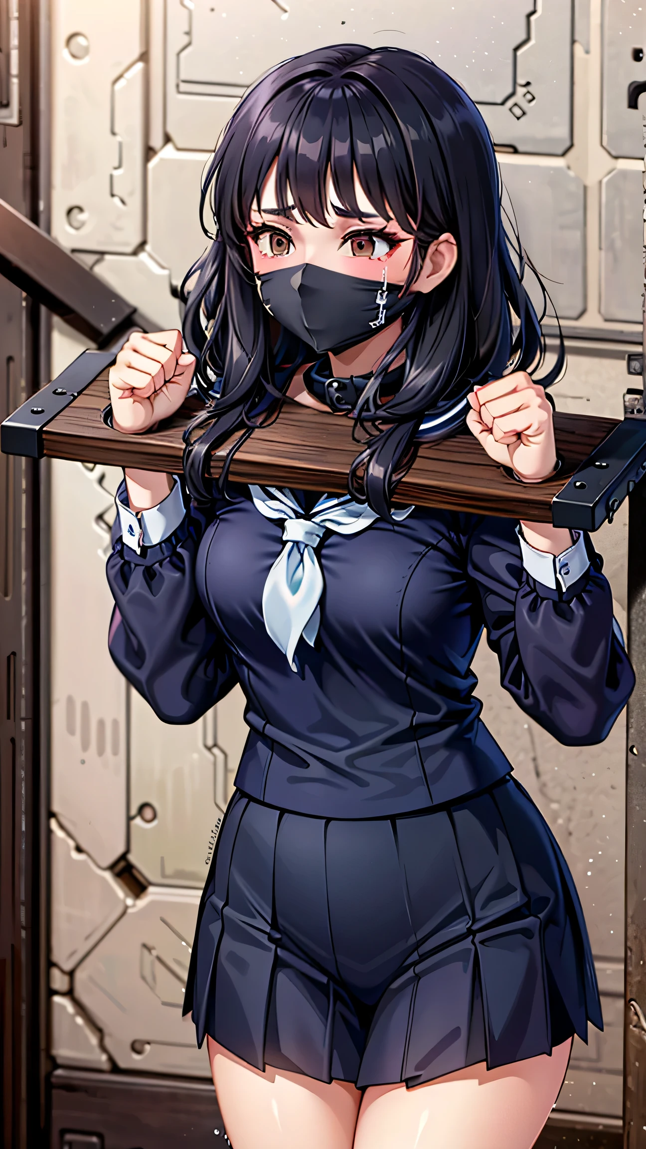 (Highly detailed CG Unity 8k), (Highest quality),(Very detailed),(Ultra-high resolution), 1 female, sailor uniform, Navy blue sailor suit, Navy Blue Skirt, Black Hair, high school girl, (pillory:1.4), Wrists restrained in collar, Tears, Lightly clench your fists, microfoam gag,