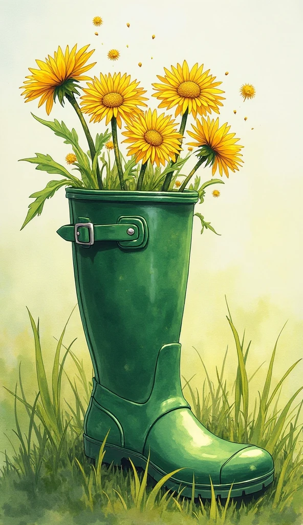 A blue rubber boot for children stands on the sand in the dunes by the sea in a boot, a bouquet of wildflowers,  watercolor style, abstraction surrealism, detailed drawing, blurred translucent background.