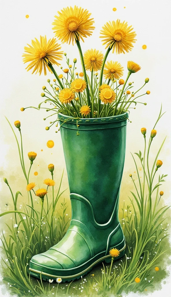 A blue rubber boot for children stands on the sand in the dunes by the sea in a boot, a bouquet of wildflowers,  watercolor style, abstraction surrealism, detailed drawing, blurred translucent background.