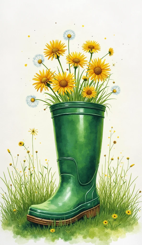 A blue rubber boot for children stands on the sand in the dunes by the sea in a boot, a bouquet of wildflowers,  watercolor style, abstraction surrealism, detailed drawing, blurred translucent background.