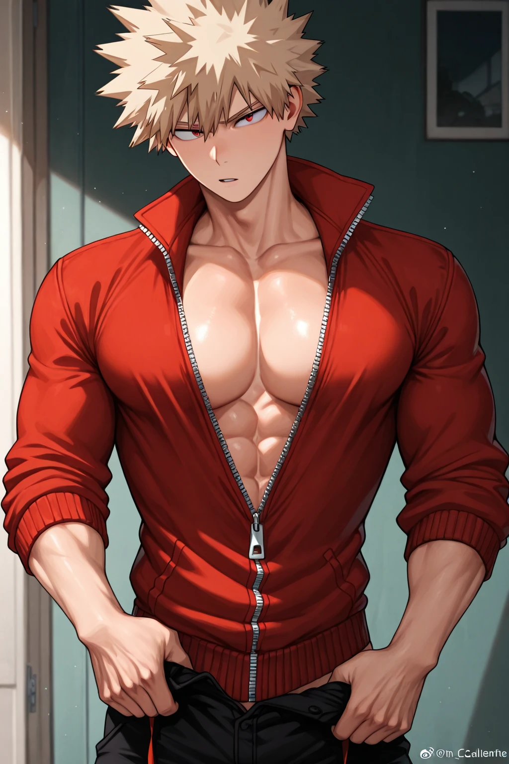 masterpiece, best quality red eyes, game cg, 1boy, solo, male focus, looking at viewer, well built body, bakugo katsuki, yellow hair, red eyes, shirtless, toned muscle, pectorals, 8 abs, toned legs, boxer briefs, slightly bulged, locker room, detailed, dynamic lighting, well lit